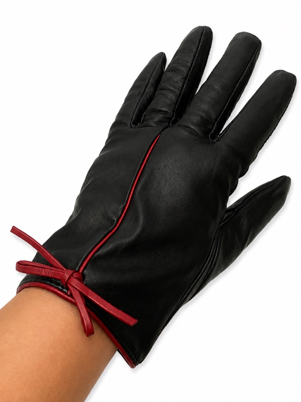 Dillard's Women’s Black Leather Gloves with Red Trim and Bow Detail XL, New